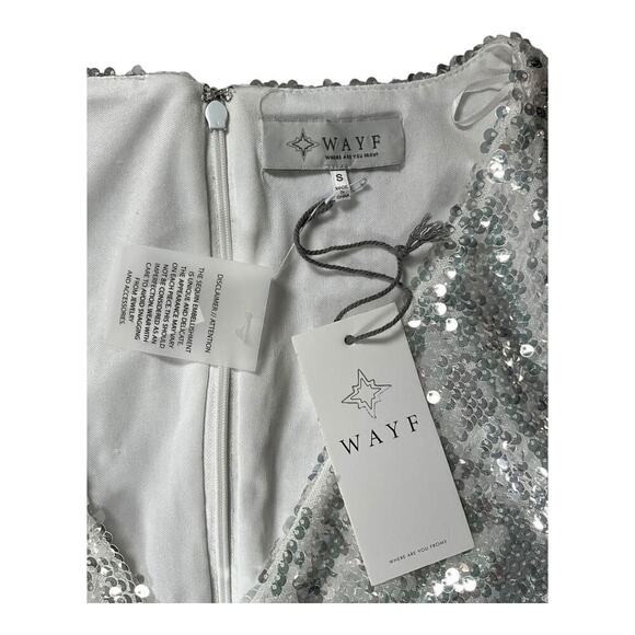 WAYF Carrie Long Sleeve Sequin Mini Dress In Silver Sequin NWT Size Small Party - Picture 12 of 15